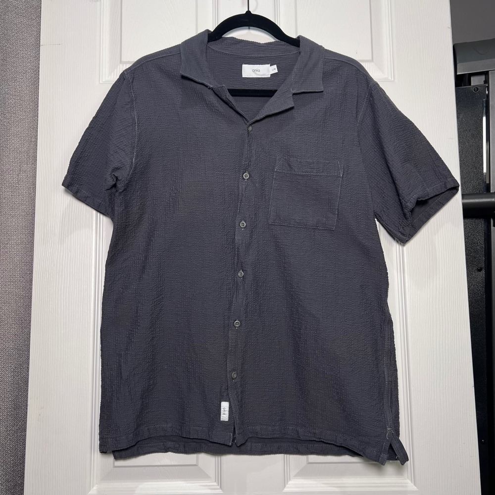 Onia Mens Gray Seersucker Short Sleeve Button Up Casual Shirt Large Camp Summer